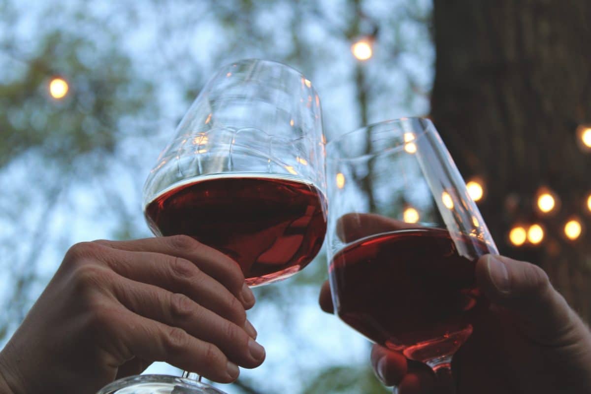 person holding clear wine glass with red wine