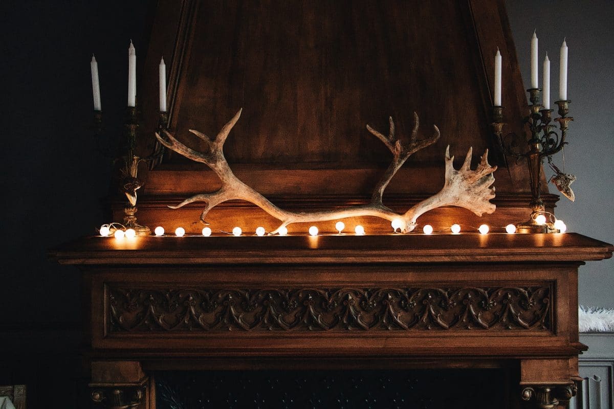 brown antlers on a fireplace mantel